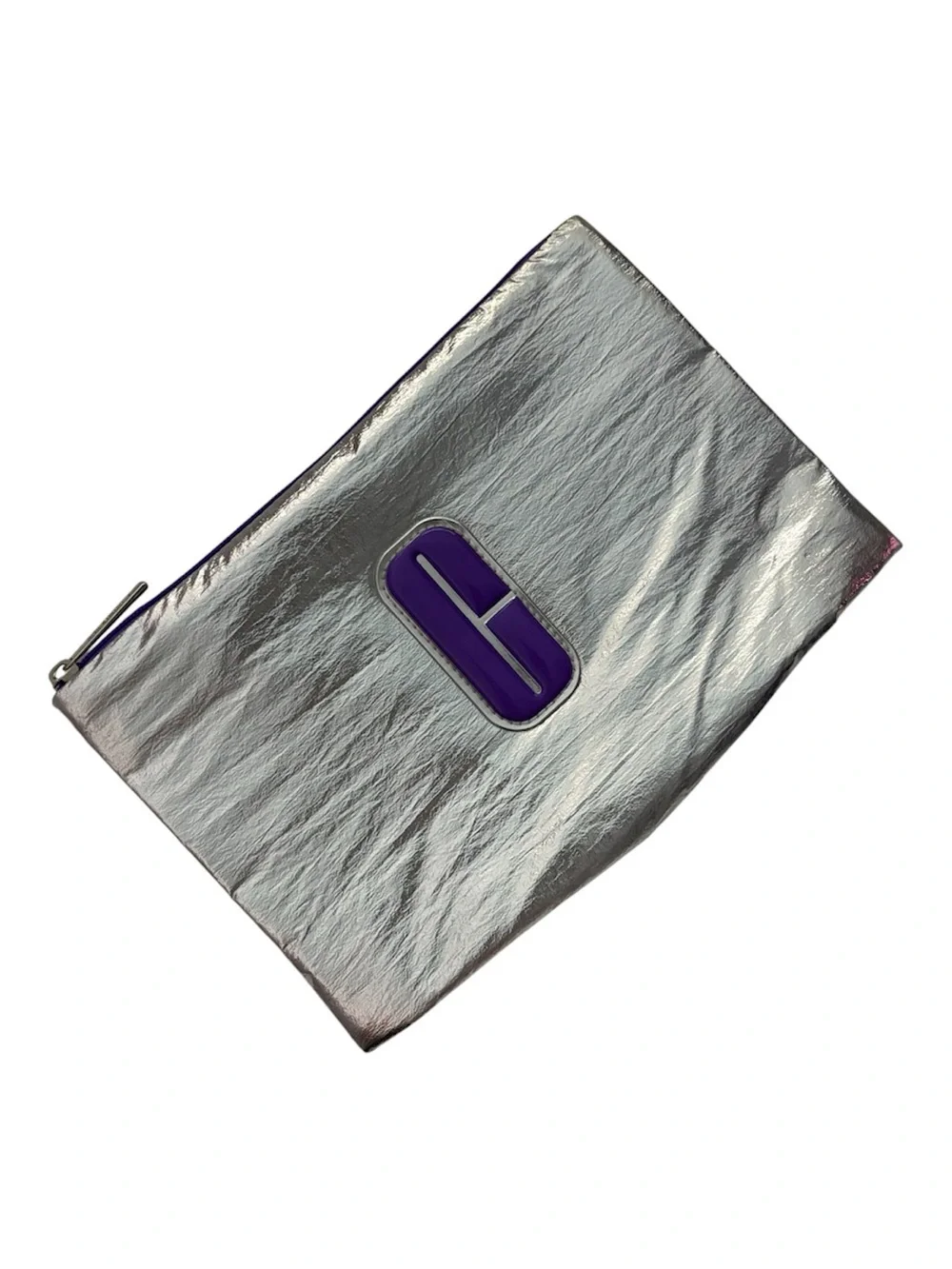Clinique Silver Metallic Crinkle Makeup Bag Pouch Purple Logo